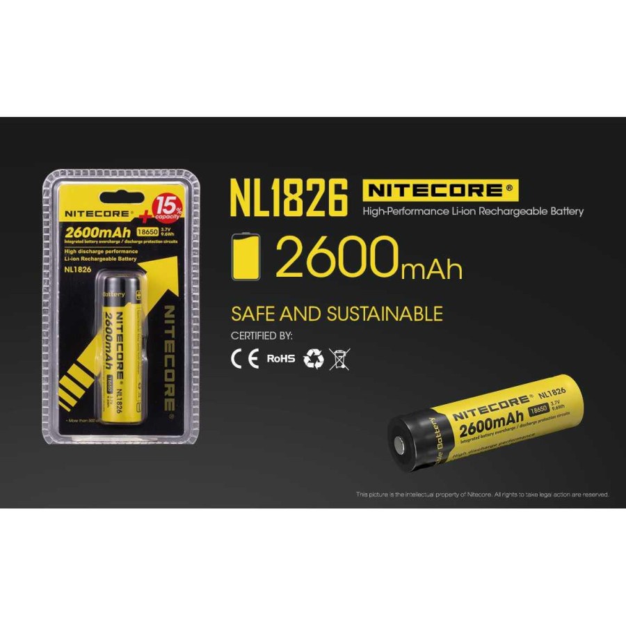 NITECORE 18650 Baterai Li-ion 2600mAh 3.7V - NL1826 - Black/Yellow