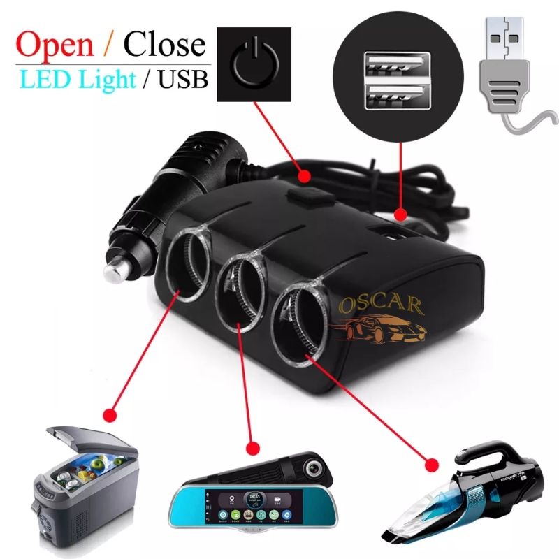 Charger Mobil Colokan USB 3 Lubang Soket Lighter / Triple Socket Cigarette Lighter USB 3 port BESAR