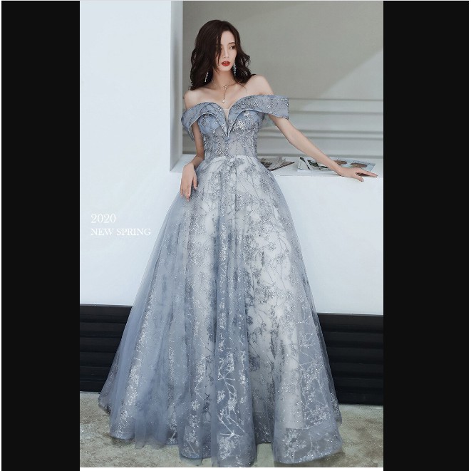 2021 Evening Dress Elegant Boat Neck Off The Shoulder Flower Sequins Long Noble Banquet Dress 2021