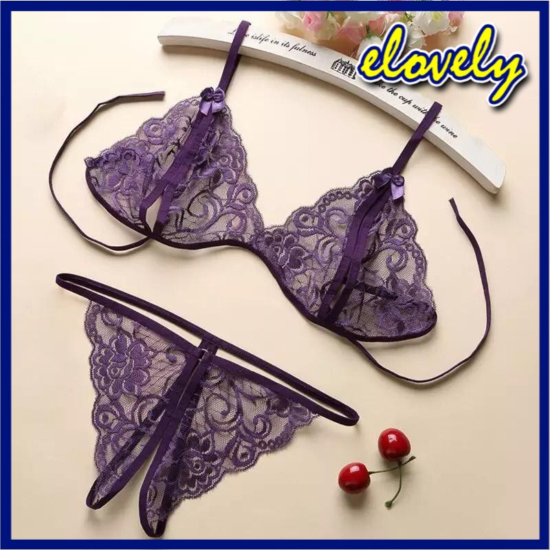 Elovely Lingerie Sexy Longnight Korea Fashion Set Bra Lingerie G-String Bahan Lace Women Import Bra Cd | 3001-purple