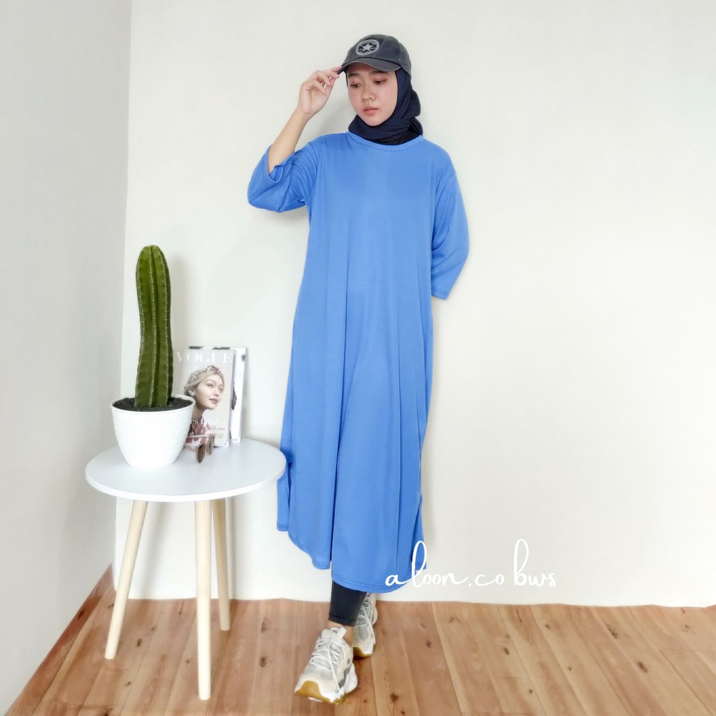 Midi Basic Oversize Tunik Polos Midi Dress Jumbo Bahan Katun - Midi Dress Korea Kaos Tunik