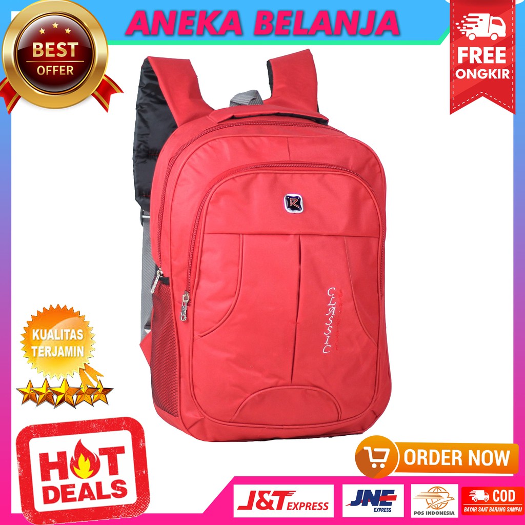 ANEKA - Tas Ransel Pria Wanita Fashionable Polo Classic Merah Elegant Bonus Jas Hujan Backpack Cowok Cewek Keren Sekolah Kuliah Kerja Murah Bahan Tebal Kualitas Import