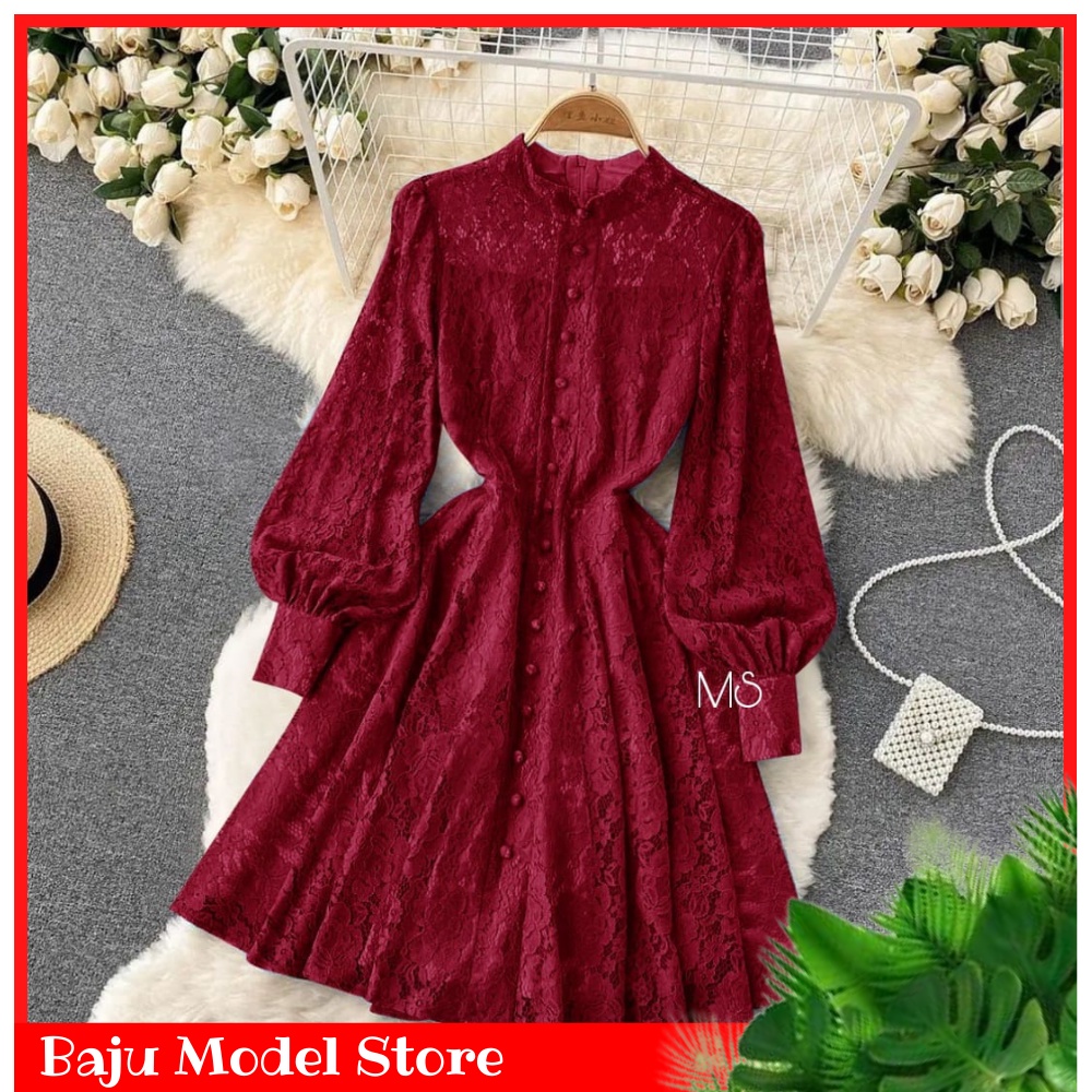BAJU MODEL - Natalie Dress Korea Style Wanita Natal Terbaru Baju Fashion Wanita Dress Brukat Corneli