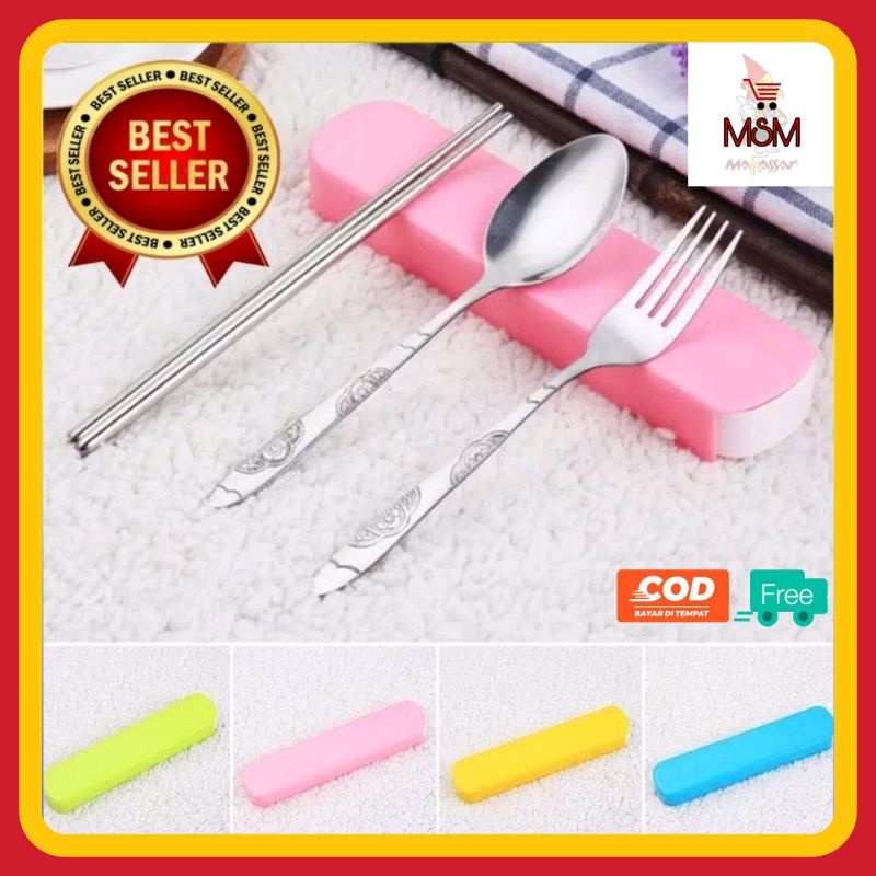 COD MAKASSAR SENDOK SET 3 IN 1 BESI STAINLESS STEEL FREE BOX ALAT MAKAN SENDOK GARPU SUMPIT KOTAK WA