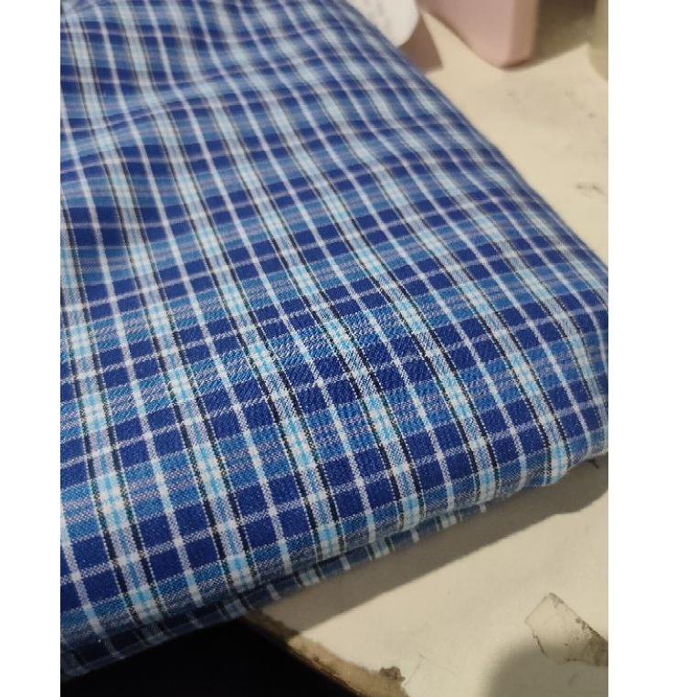 bahan kain kotak yandet yarndyed biru seragam kemeja blue terang sekolah kantor rok yard gulungan ▫ 