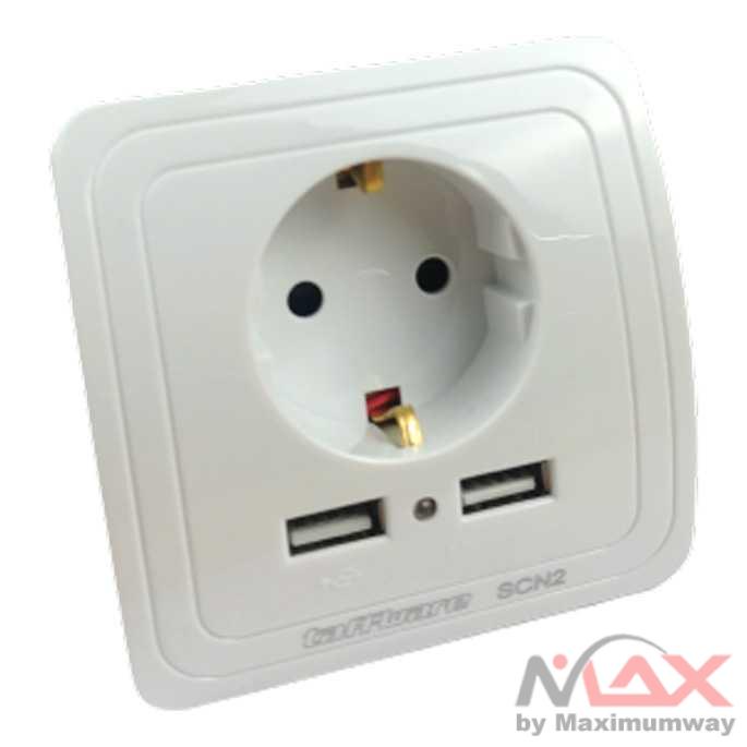 Taffware Stop Kontak Dinding EU Plug dengan 2 USB Port - SCN2 Warna Putih