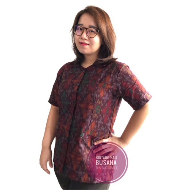 Kemeja Endek Wanita Marun | Kemeja Kantoran | Endek Bali | Kemeja Wanita | Kemeja isi Furing