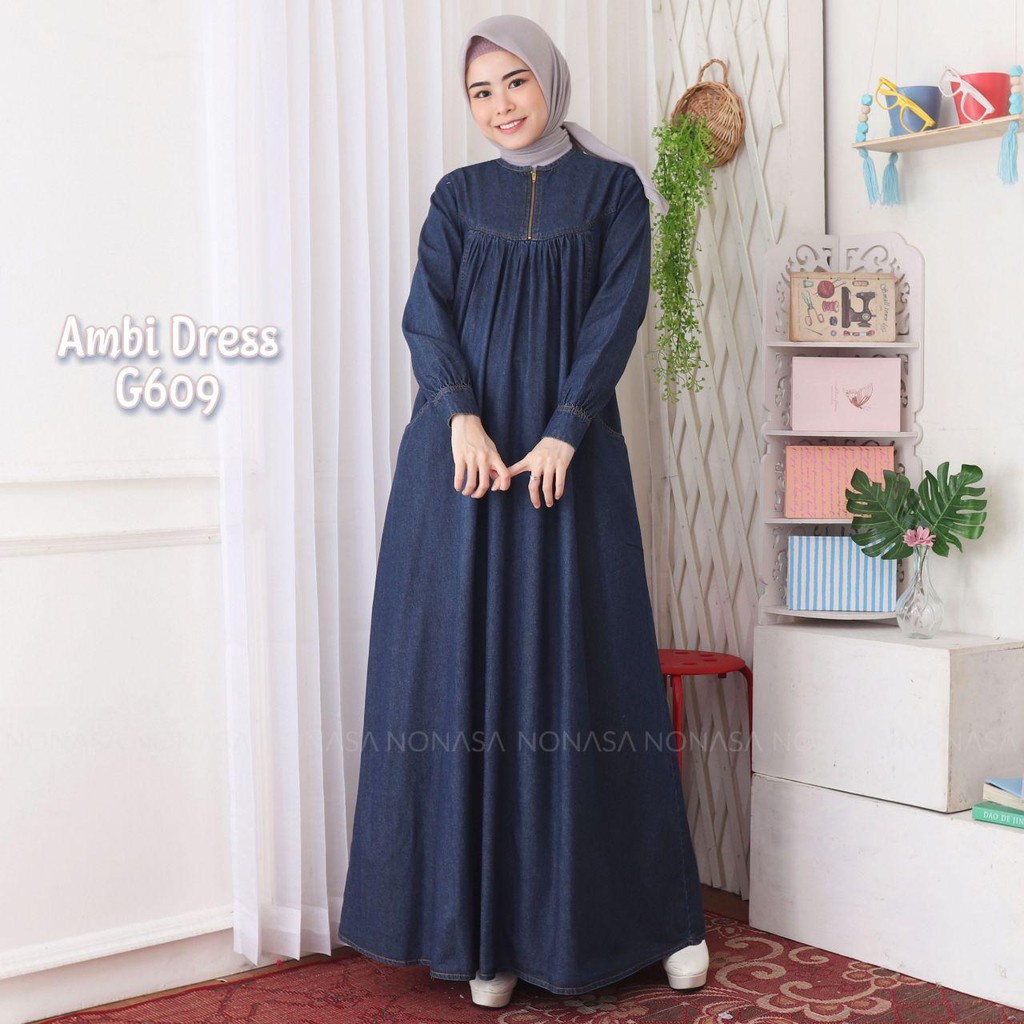 [NEW CANTIK010] Gamis Jeans Ambia Dress/Gamis Jeans Terbaru M-L-XL-XXL-XXXL ld90-122 original Super-3