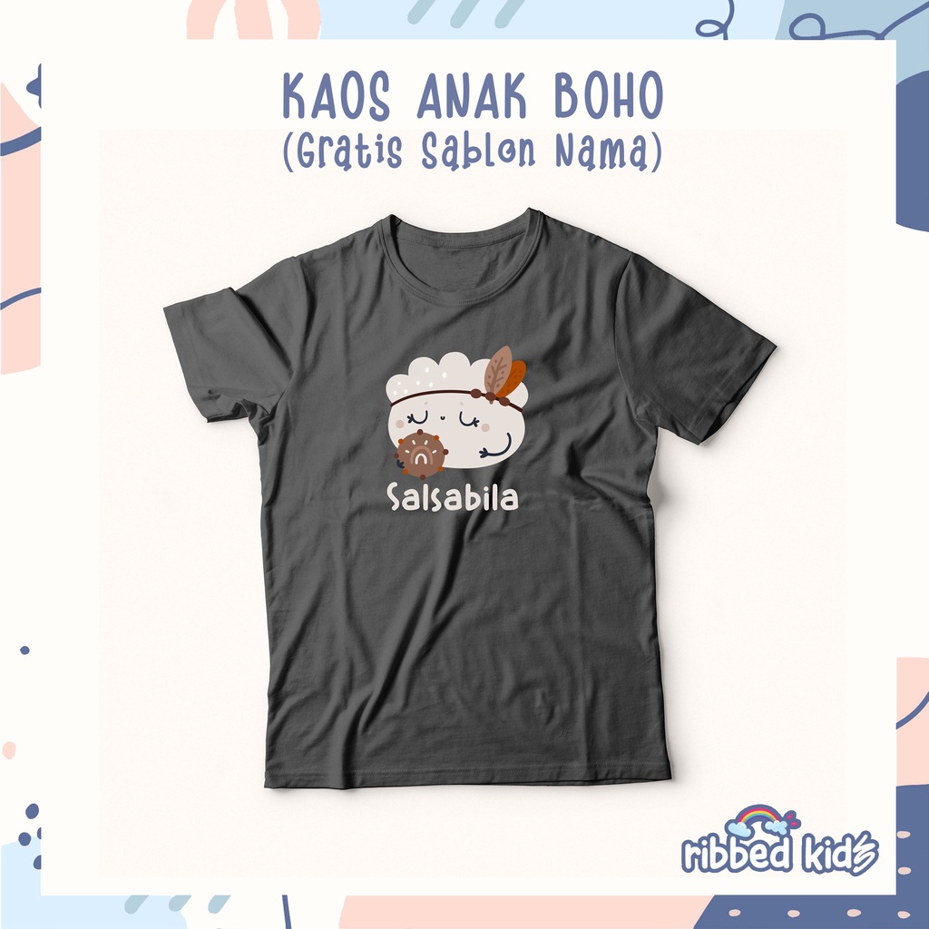 GRATIS SABLON NAMA | KAOS BOHO ABU TUA ANAK LAKI-LAKI &amp; PEREMPUAN  0-12TH | ATASAN KATUN COMBED 30s By Ribbedkids