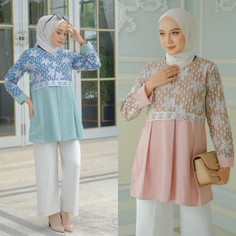 Baju Atasan Muslim Wanita Kombinasi Batik Tunik Blouse Kantor OOTD Cod Pekalongan Murah Jumbo