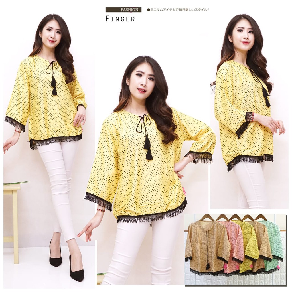 JakartaFashion - blouse rumbai polka mini bahan katun rayon adem tali jambul dada bohemian