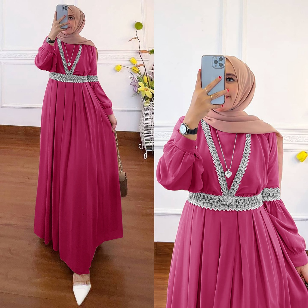 COD - Qaisha Dress Muslim Ceruty Aksen Renda Import Premium Fashion Gamis Gaun Maxy Lebaran Pesta Kondangan Terbaru-Fanta