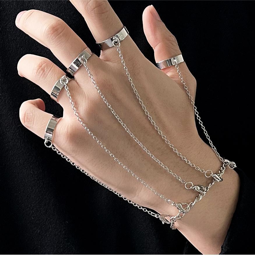 Gelang Cincin Kombinasi Rantai Perak Punk Untuk Pasangan Vintage Multi-layer Adjustable Chain Open Finger Rings