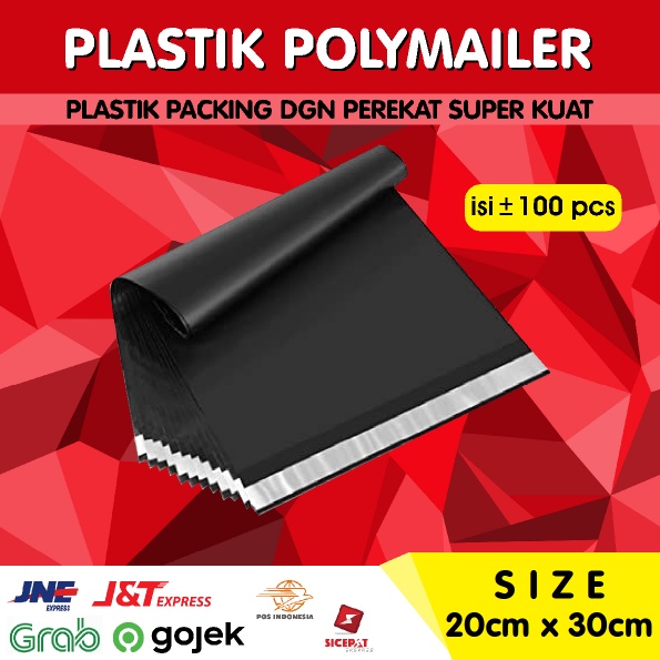 

POLYMAILER Hitam isi 100 pcs bahan Glossy Premium size 20x30 Plastik Hitam seal tape permenent Plastik Online Plastik Packing Hitam 20cm x 30cm