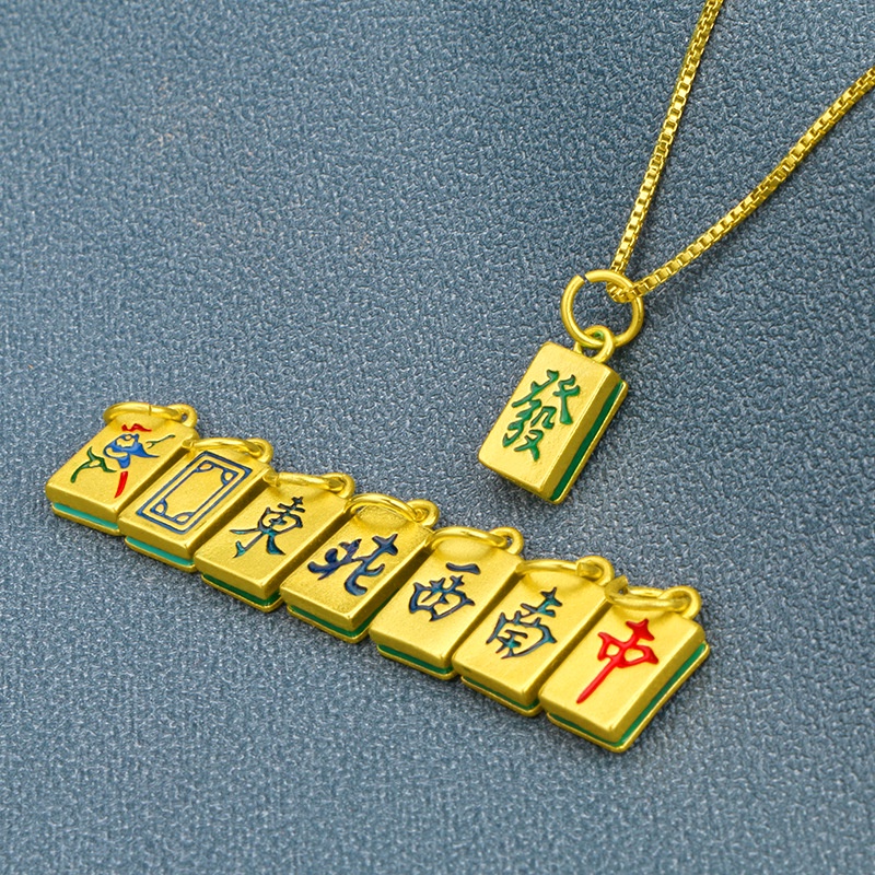 Kalung Emas Asli Kadar 375 Dengan Liontin Mahjong 3D Gaya Cina