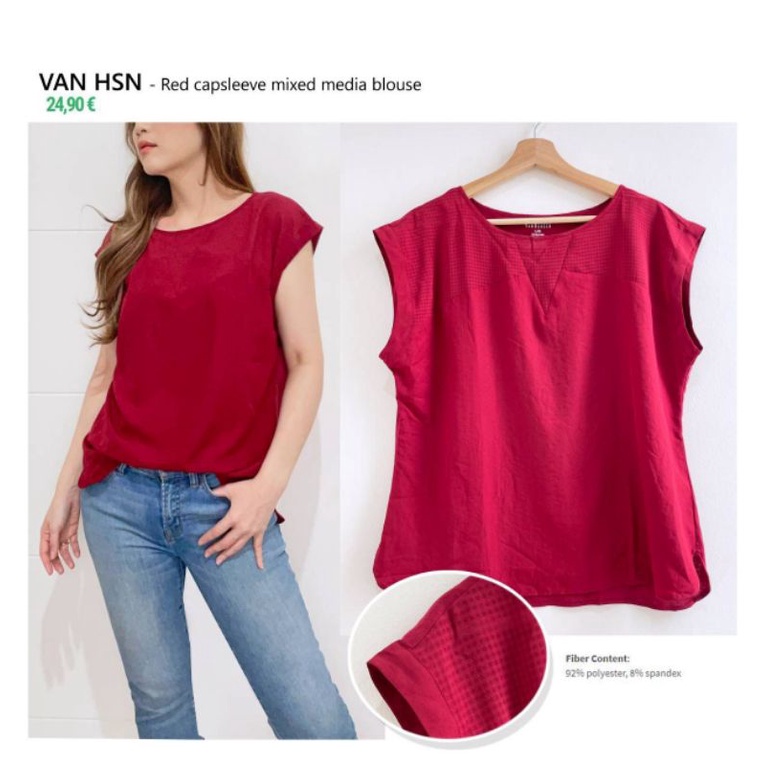 Van housen red capsleeve mixed media blouse