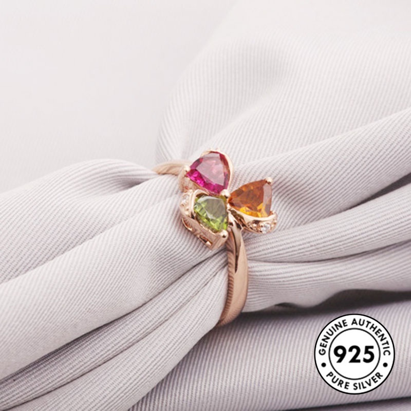 Cincin Sterling Silver 925 Model Clover Dengan Permata Warna-Warni Untuk Wanita