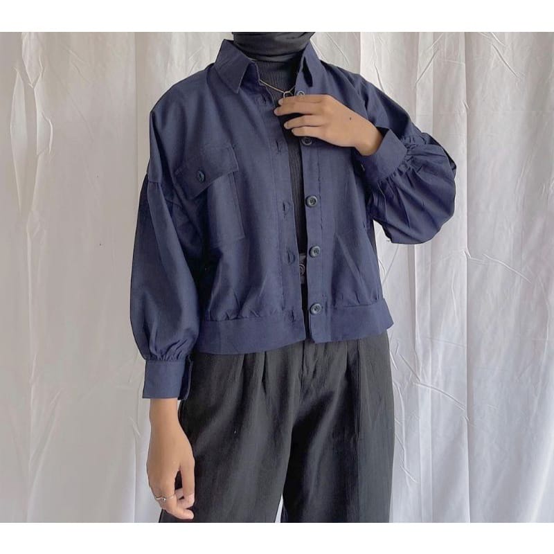 Busan Jaket Wanita Korean Style Oversize Saku Depan - Jaket Oversize Crop Outer-Navy