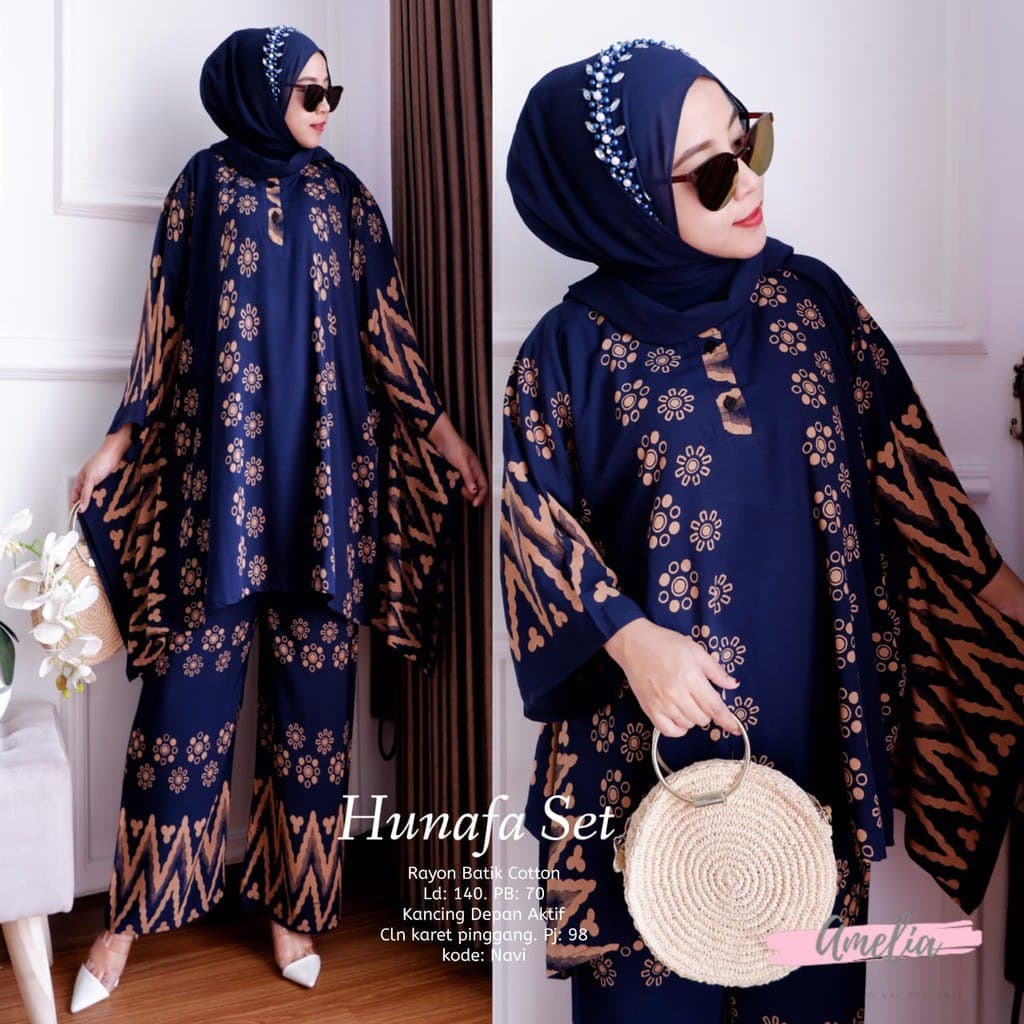 One Set Hunafa - One Set Jumbo Rayon Tie Dye Premium Waka Waka Setelan Wanita Celana Panjang Set Bigsize LD 140 cm