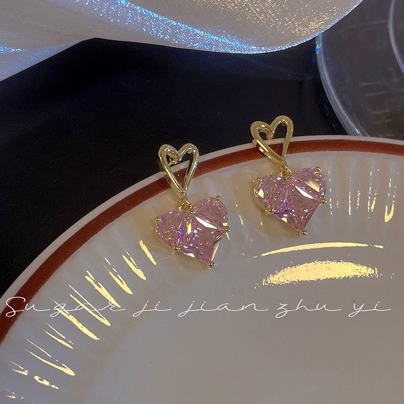 Kalung Rantai Liontin Hati Bahan Alloy Hias Kristal Zircon Warna Pink Untuk Wanita