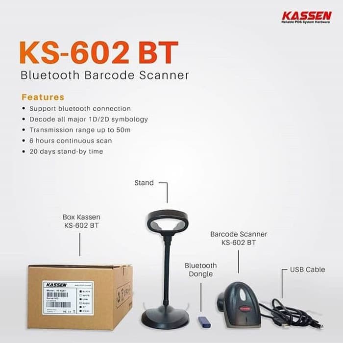 kassen Scanner Barcode Bluetooth 2 Dimensi KS 602 BT with Dongle