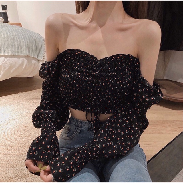 Summerology - Clara top sabrina full karet crop serut lengan panjang atasan wanita hits