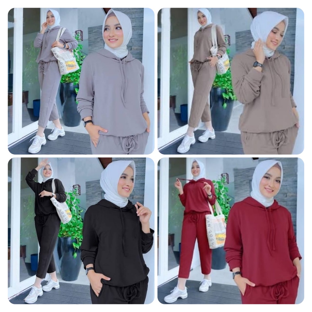 SET SELINA FASHION PAKAIAN WANITA SETELAN ATASAN HOODIE DAN CELANA BABYTERRY KR