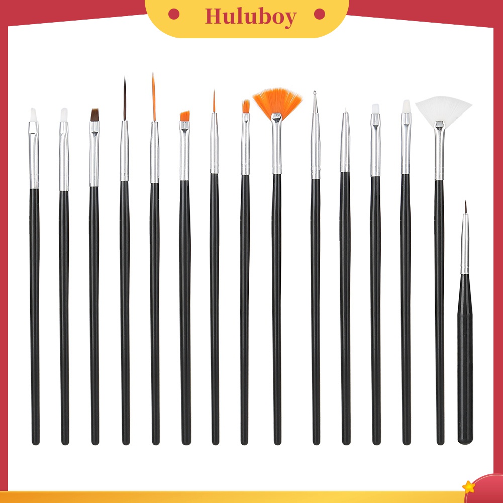 Huluboy Huluboy♡ 15pcs / Set Pen Brush Nail Art / Manicure Profesional Untuk Menggambar / Dotting