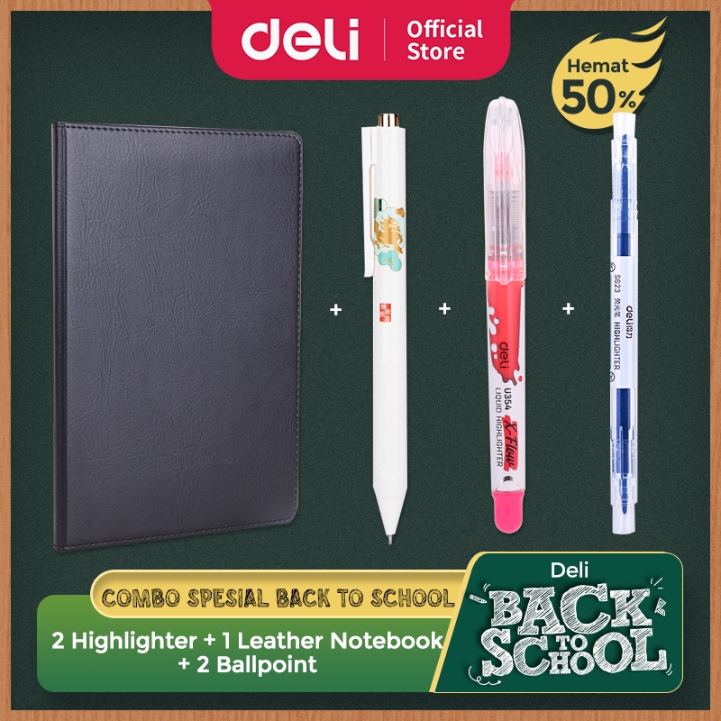 

[ DELI Back to School COMBO HEMAT 5 ] Leather Notebook (Notebook Kulit), Highlighter, Pulpen Gel