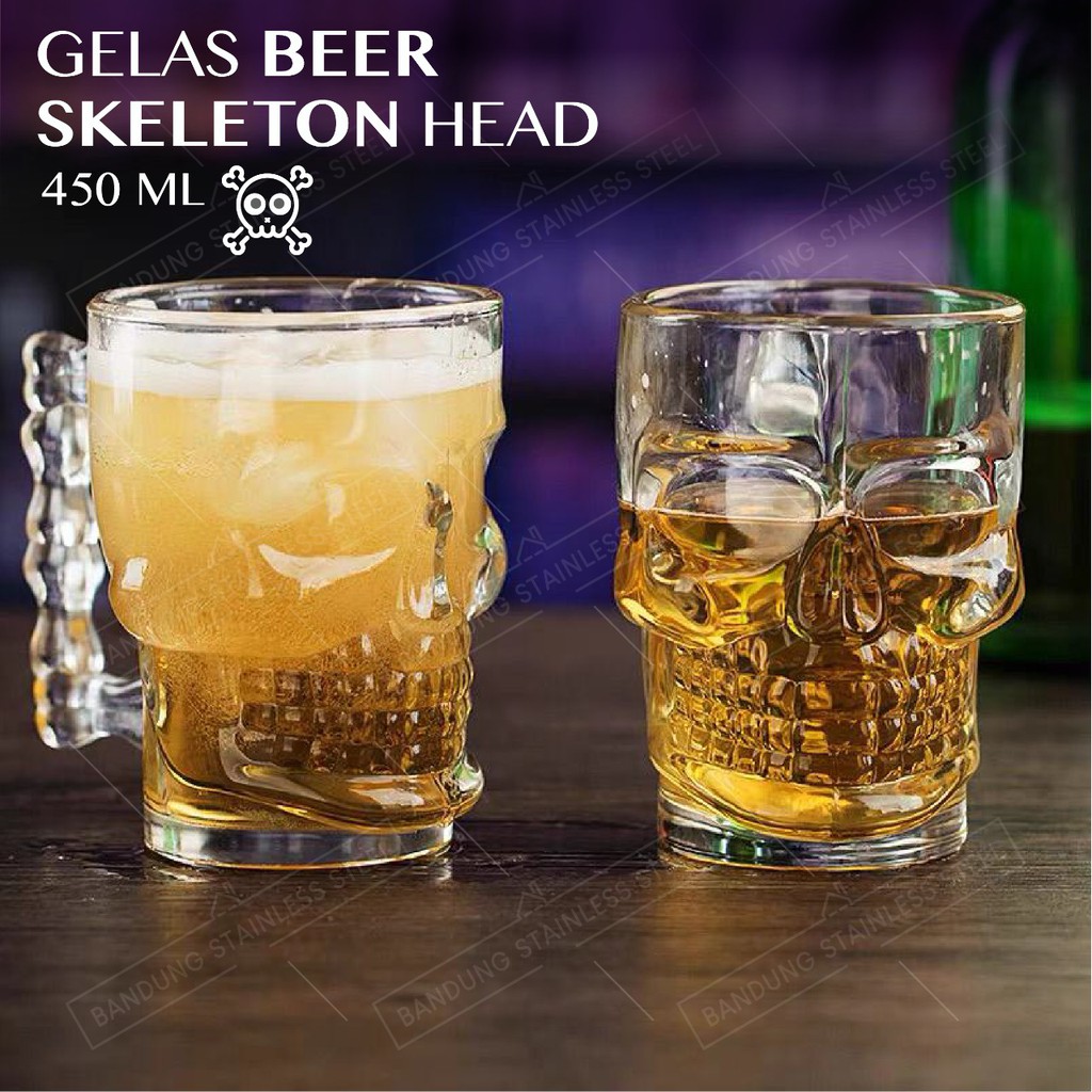 Gelas kaca 450ml tengkorak skeleton head beer bir mug