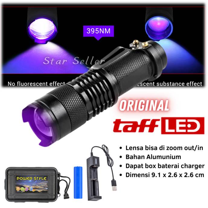 Senter LED Cree Q5 395nm UV Original Taffled Ultraviolet Ungu Box Baterai Charger