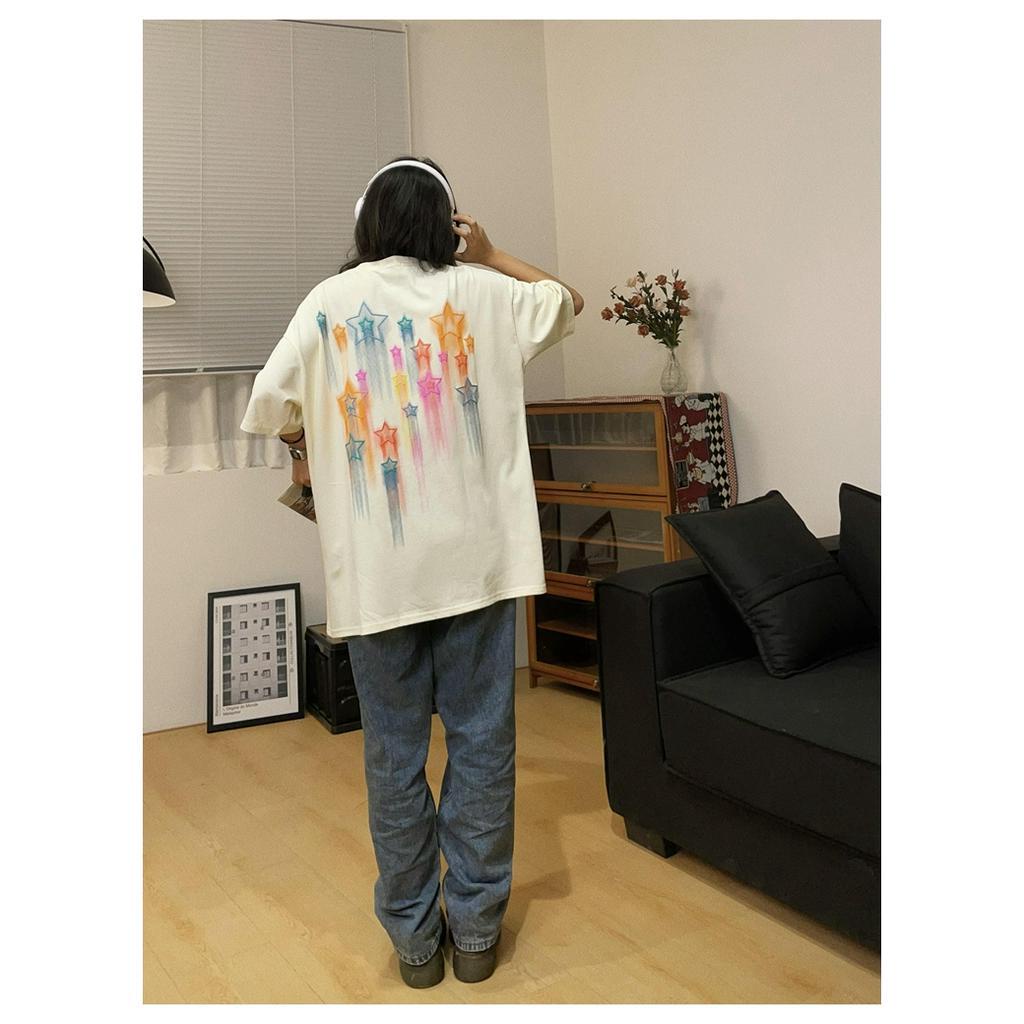 100% cotton baju atasan wanita lengan pendek star graphic printed t-shirt oversize korean style import kaos cream