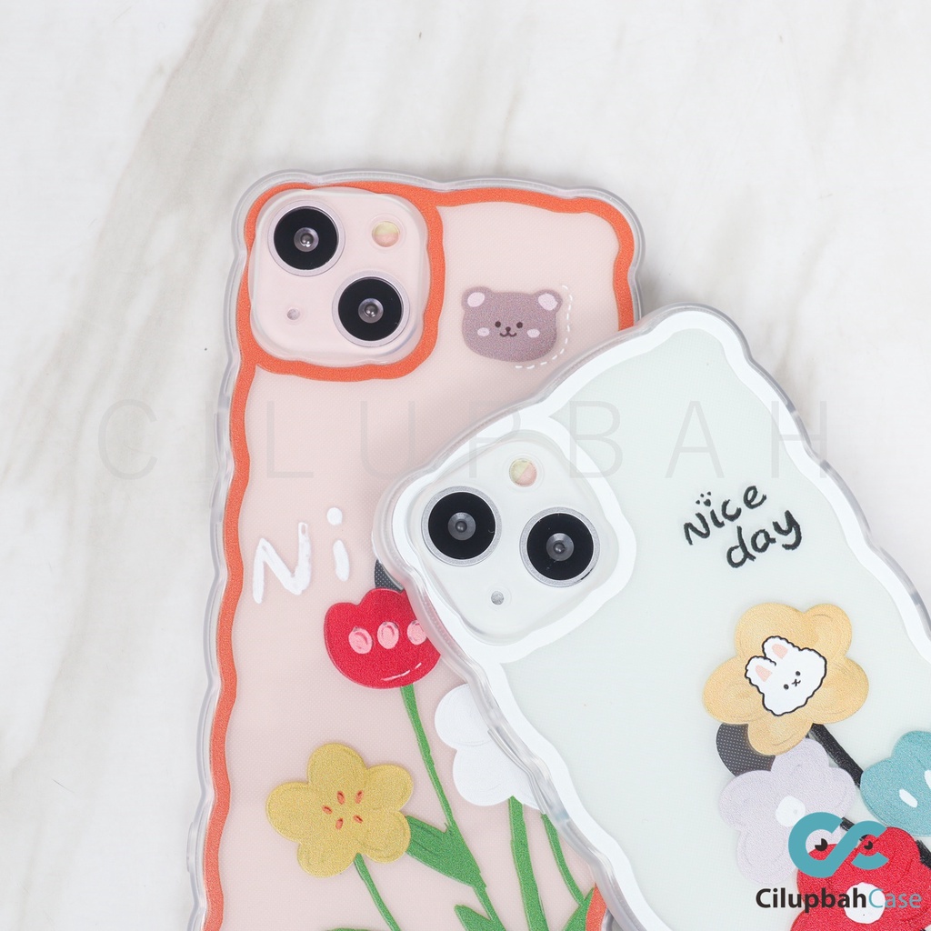 Clear Softcase Big Flowers Bear and Bunny Wavy Side Full Lens Cover For iPhone 7 8 SE XR XS MAX 11 12 13 MINI PRO MAX