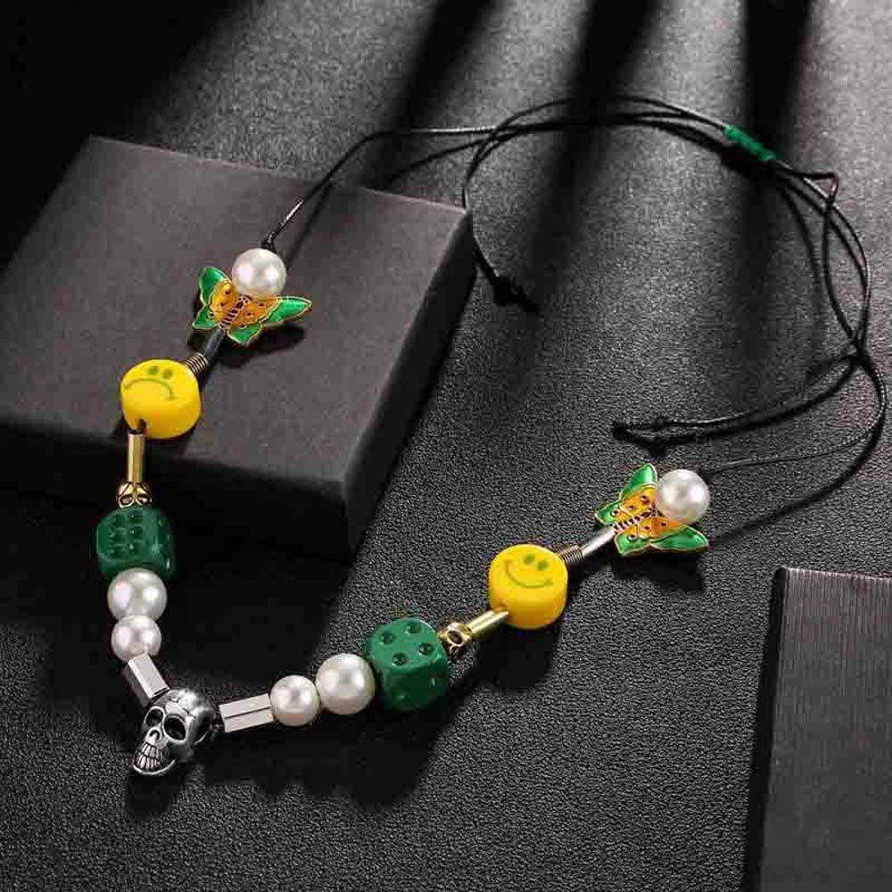 [Elegan] Pria Kalung Klasik Hip Hop Wanita Mutiara Manik-Manik Smiley Tengkorak Liontin Gaya Korea Kalung