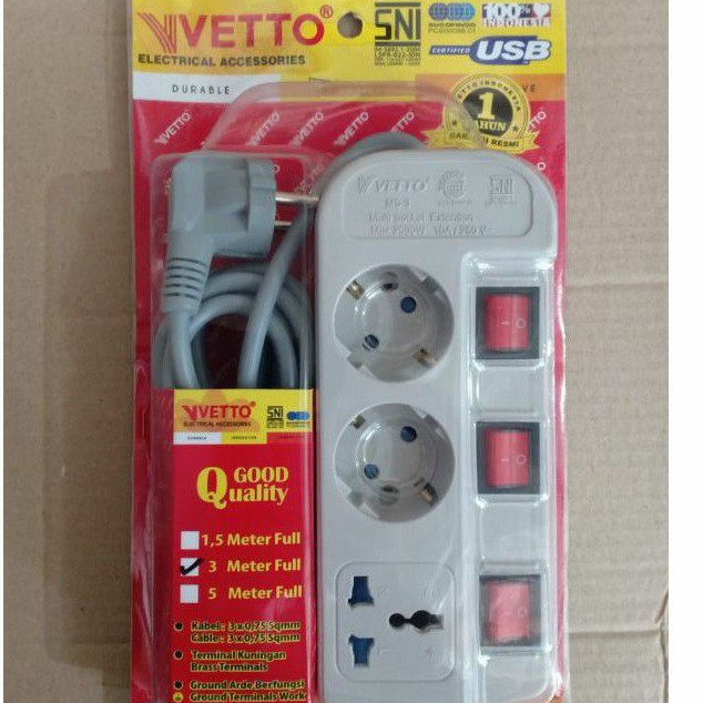 Stop Kontak VETTO Multi Socket 3 Meter dan 1.5 Meter (Varian 3, 4 dan 5 Lubang )