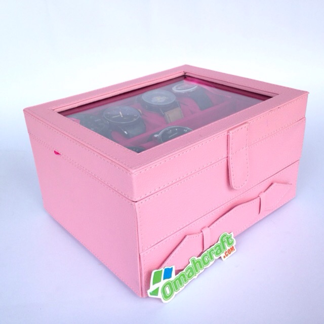 LARGE SIZE - Kotak Jam Tangan isi 6 Mix Perhiasan / Jewelry Box and Accesories Warna PINK SOFT