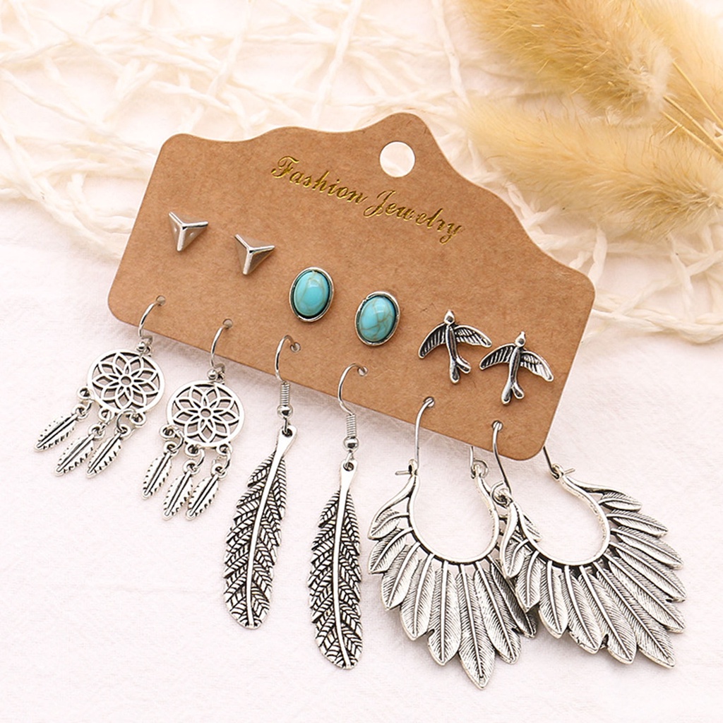 Hu Hu Hu Hu Hu Alat Bantu Pasang Kacamata♡ 6 Pasang Anting Tusuk Gantung Desain Daun Hollow Bahan Alloy Gaya Etnik Untuk Wanita