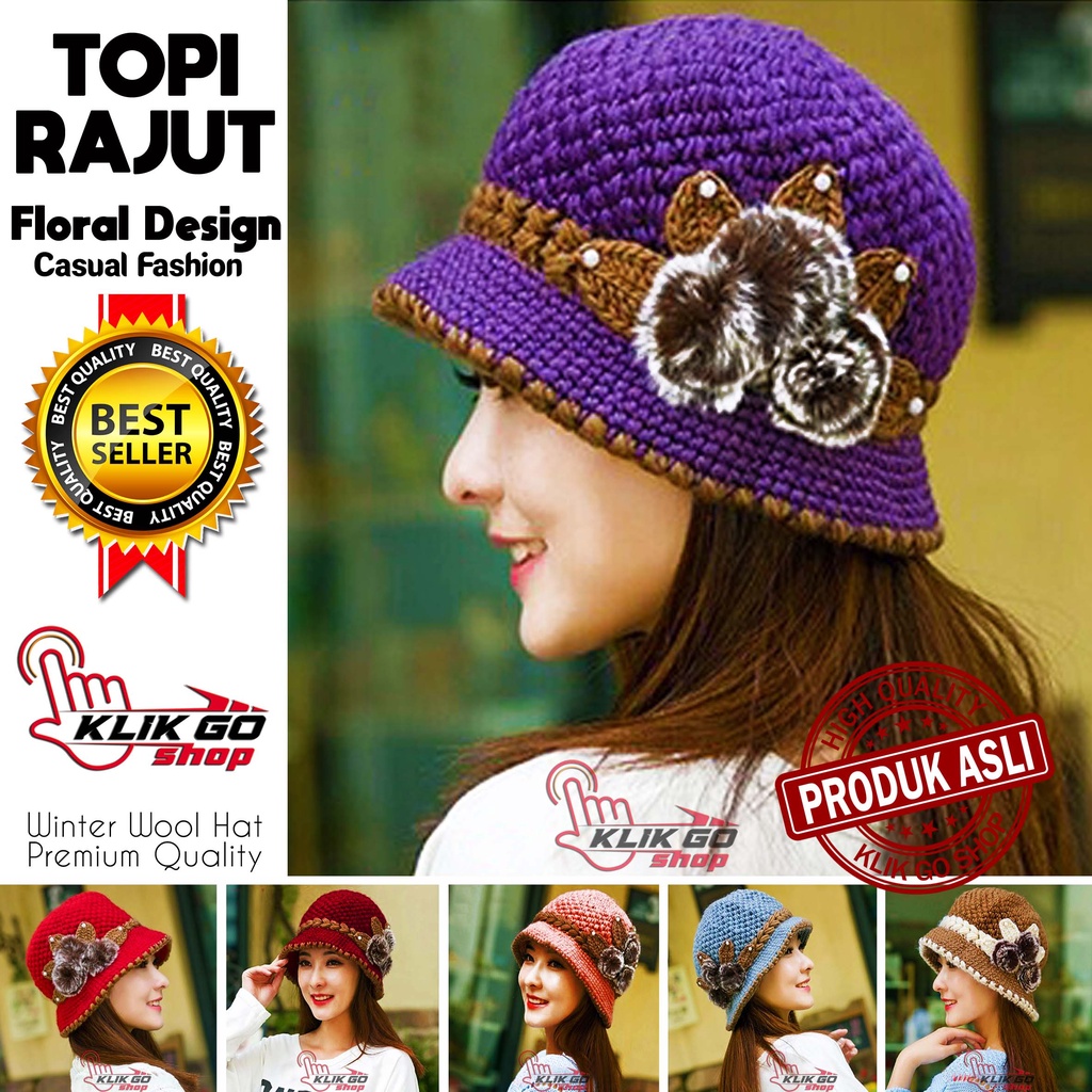 TOPI WOOL RAJUT MOTIF BUNGA IMPORT / TOPI WANITA WOL RAJUT