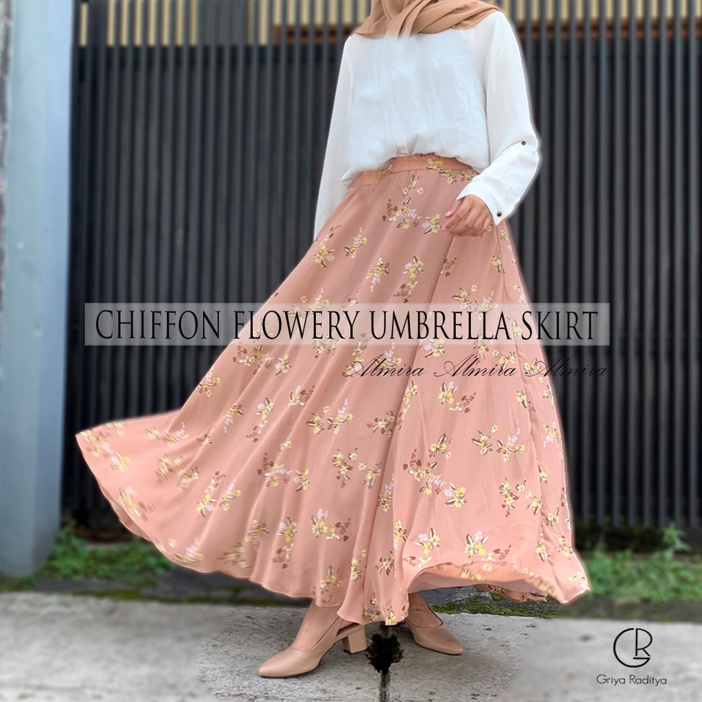 Rok Panjang Wanita Payung Muslimah  Sifon Flowery Chiffon Umbrella Skirt Bunga Griyaraditya Almira