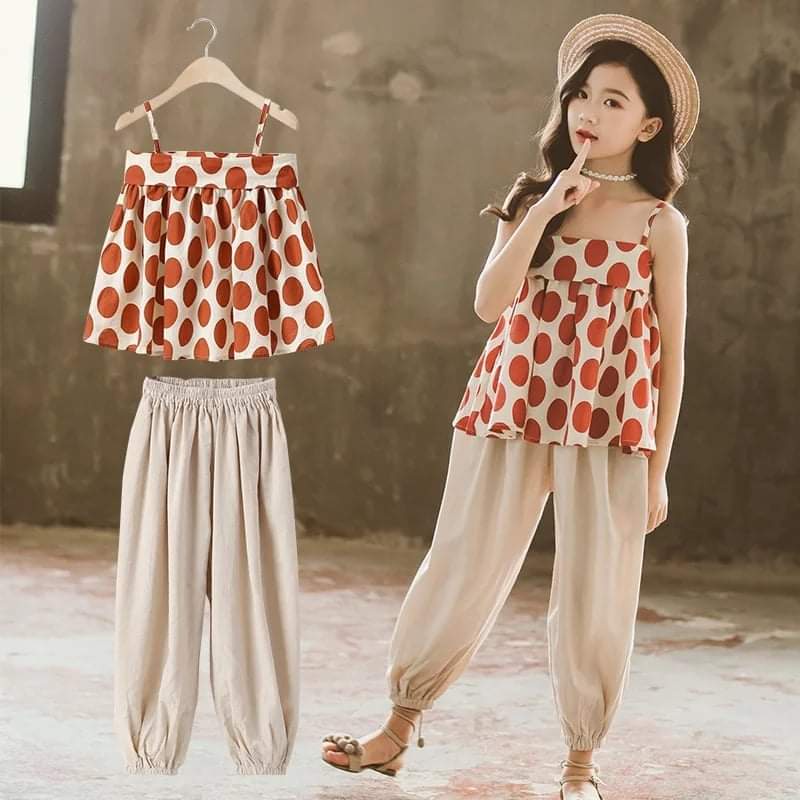 Baju Setelan Anak Perempuan Tank Top Polkadot Coral