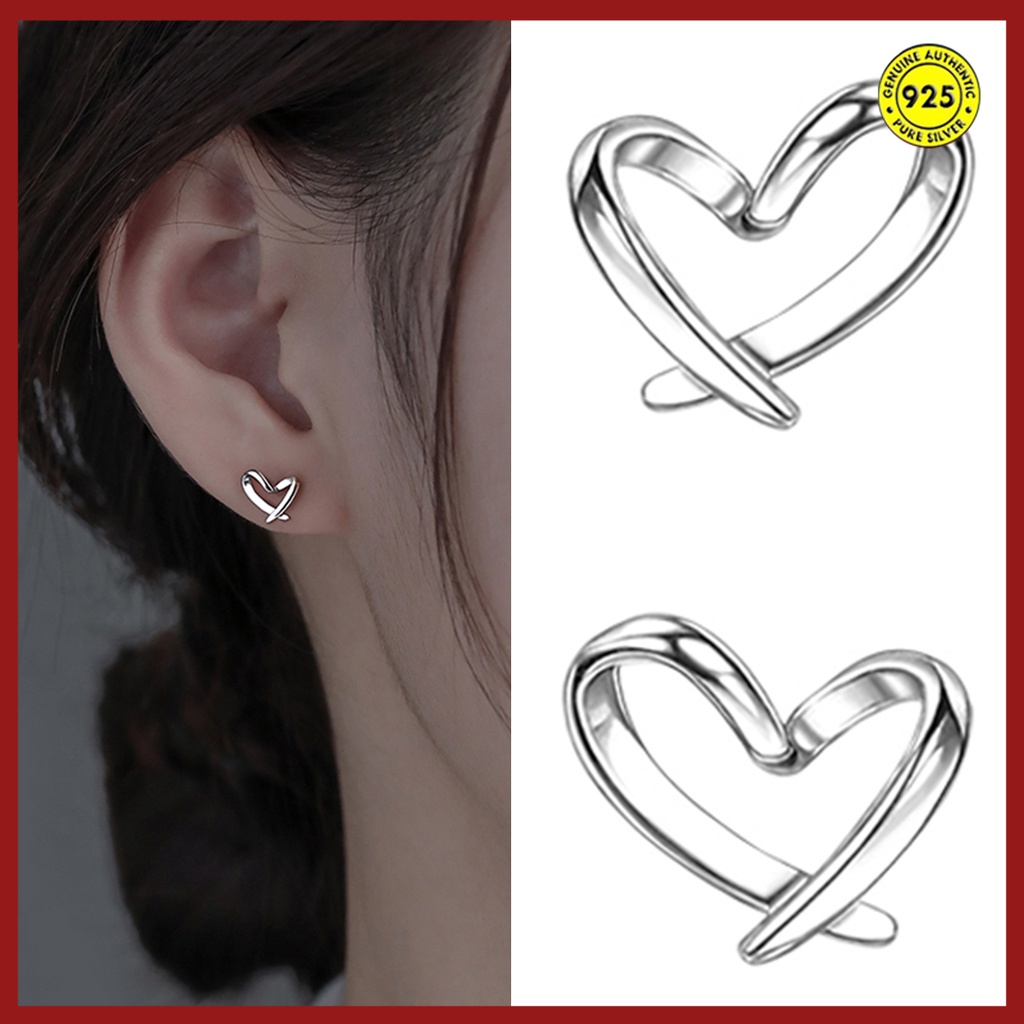 Anting Tusuk Motif Hati Hollow Bahan Sterling Silver 925 Untuk Wanita