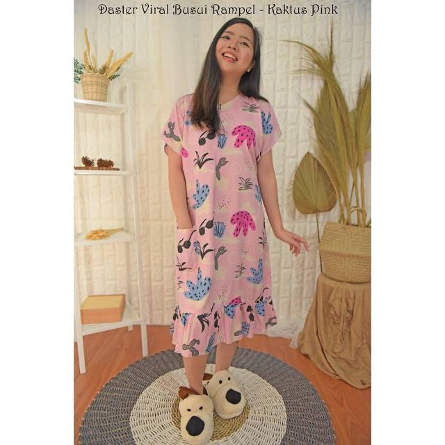 Homedress Daster Baju Tidur Rumahan Nyaman Adem Rayon ruffle Kaktus Cantik Dewasa Grosir Tasik Murah