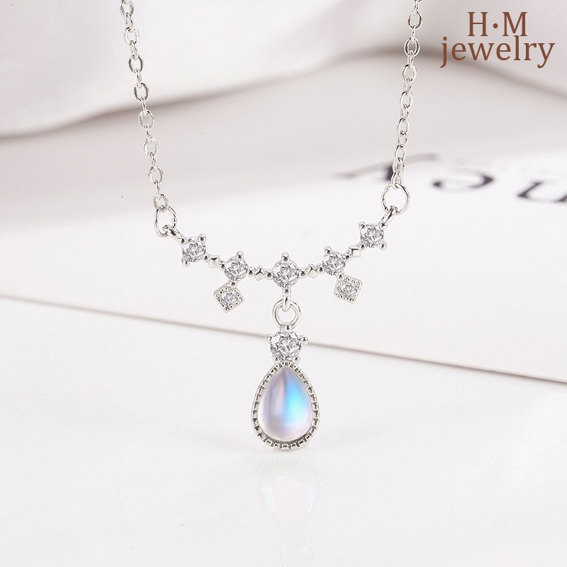 Kalung Rantai Sterling Silver 925 Dengan Liontin Batu Moonlight Warna-Warni Untuk Wanita