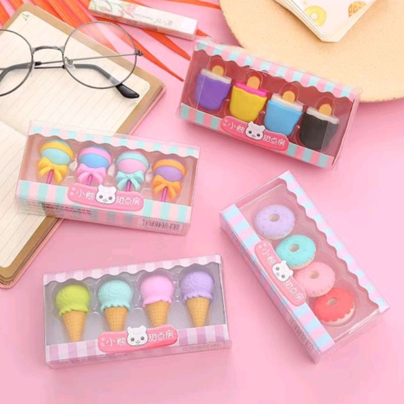 Penghapus Pensil Eraser Model Donut Lollipop Ice Cream 1pak isi 4pcs