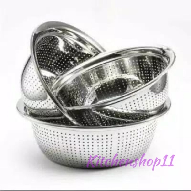 Baskom lubang bolong stainless tebal 28cm / baskom cuci sayur buah / baskom saringan tirisan stainless tebal 18cm 20cm 22cm 24cm 26cm 28cm 30cm