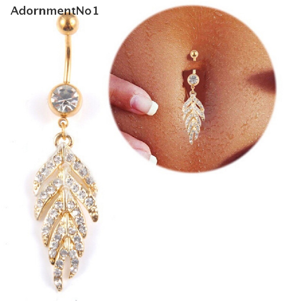 (AdornmentNo1) Anting Tindik Perut / Pusar Bentuk Daun Aksen Kristal + Berlian Imitasi Untuk Wanita