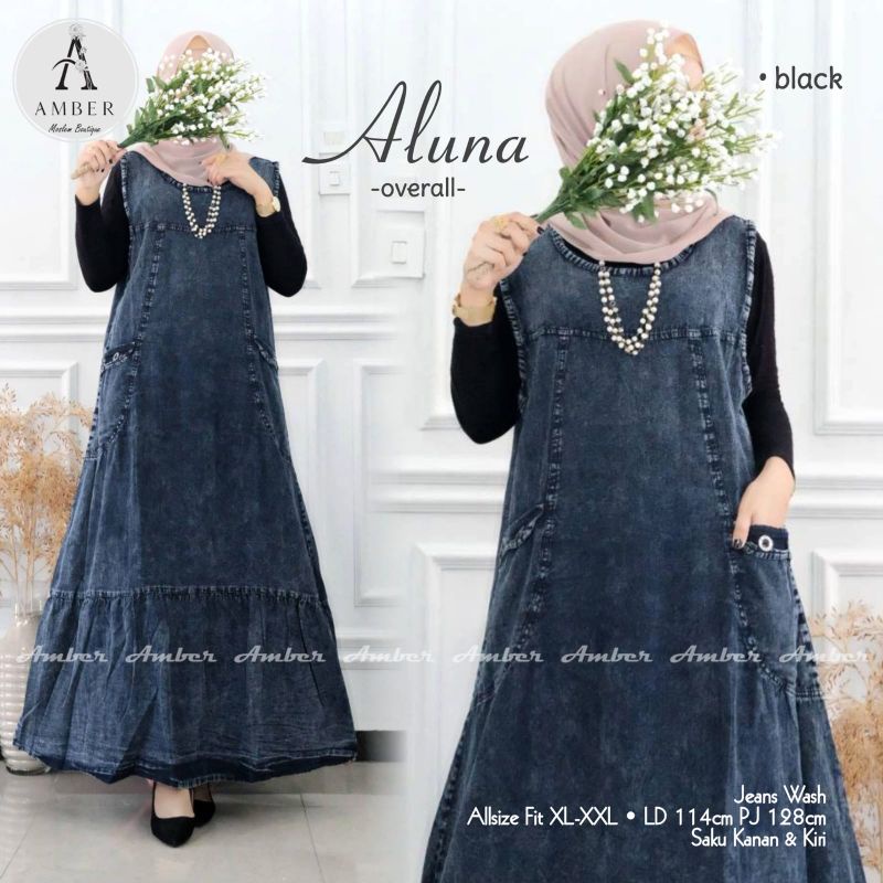 Aluna Overall Dress Putungan Polos Hitam Jeans Snow Ld 114 Jumbo Fit XXL Best Seller By Amber