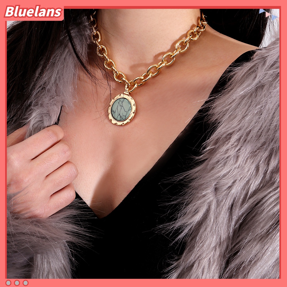 Bluelans Vintage Women Round Faux Turquoise Pendant Sweater Cable Chain Jewelry Necklace