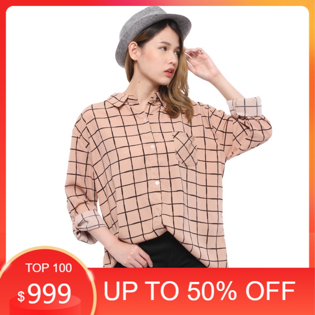 BL - 06177 Kemeja Oversize Wanita Lengan Panjang Kotak
