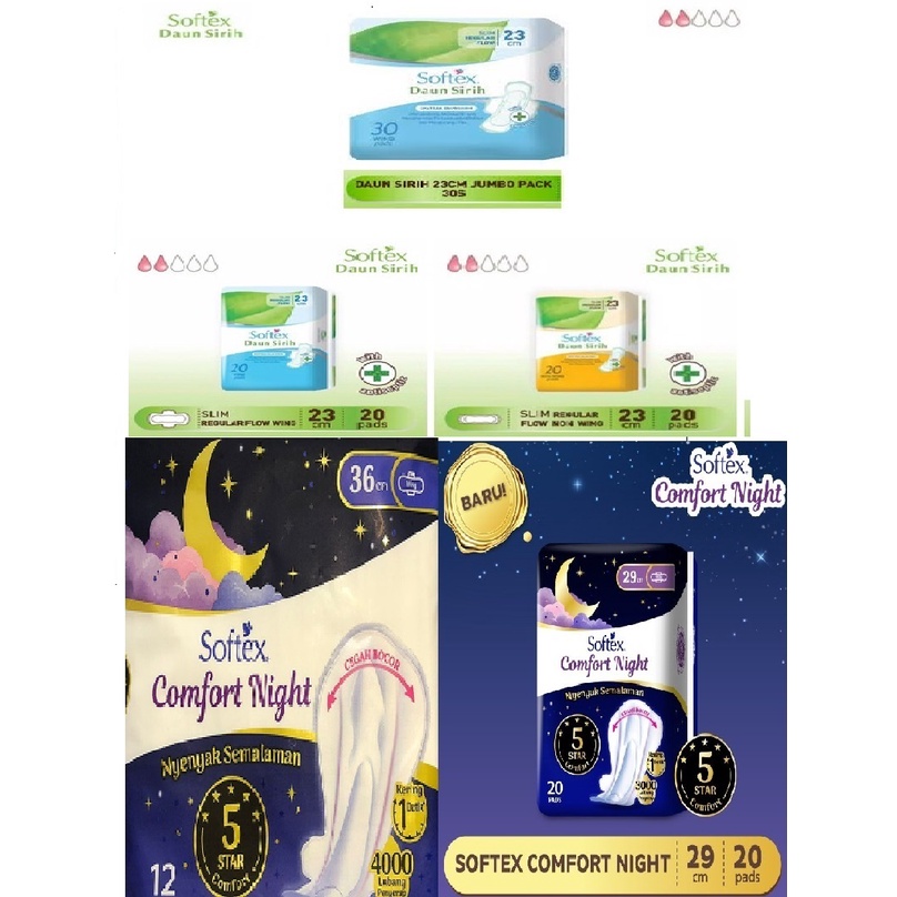 SOFTEX Daun Sirih (BIRU) WING dan non wing 23cm isi 20 atau 30 pads softex night